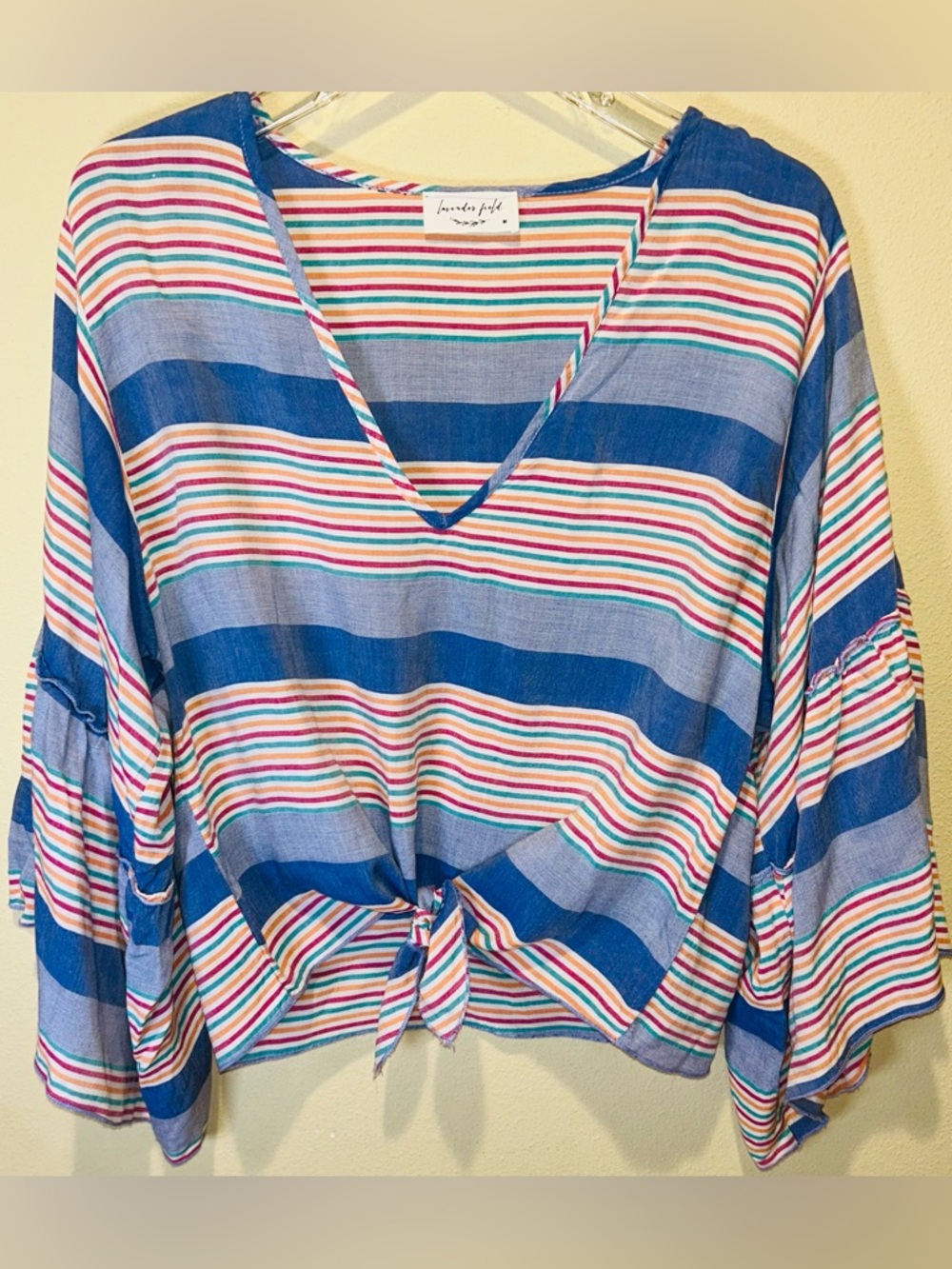 Lavender Field M Boho Striped Tie Front Top V-Neck Bell Sleeve hippie chic top